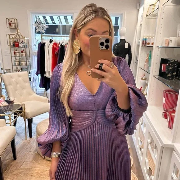 New Alden Adair Elegant Purple Pleated Glittery Dopamine Dress $338 - Picture 5 of 5